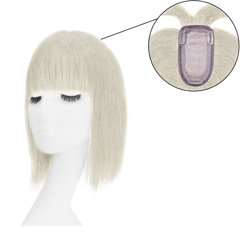 Sandy Grey Human Hair Topper With Bangs For Women Thinning Crown 7*13cm Base E-LITCHI Hair