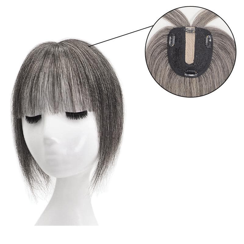 Natural-looking grey hairpiece with bangs for women