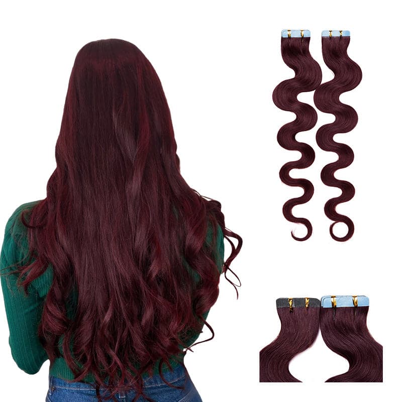 Seamless Tape Ins 20pcs Wine Red Wavy E-LITCHI